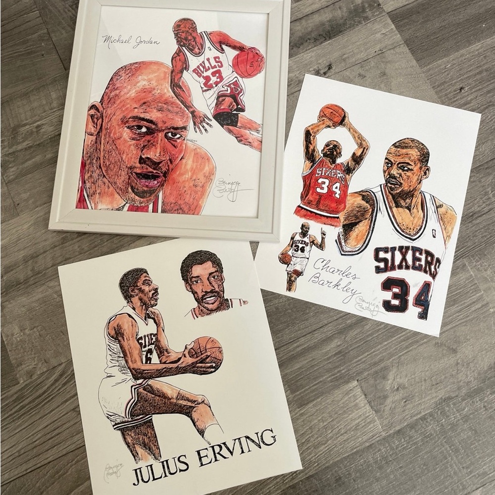 Basketball Greats , Art Print Set by Artist Bernice Batoff  Framed
